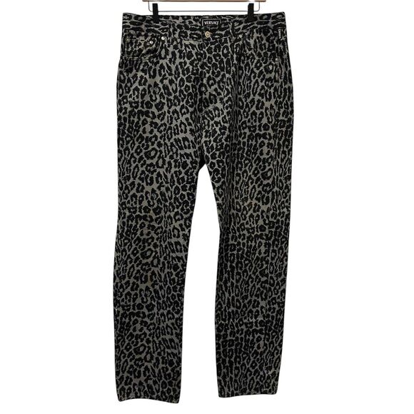 Vintage Versace Jeans Couture Mens Gray  Black Jeans Leopard Print 80s Size 38 - Picture 1 of 16